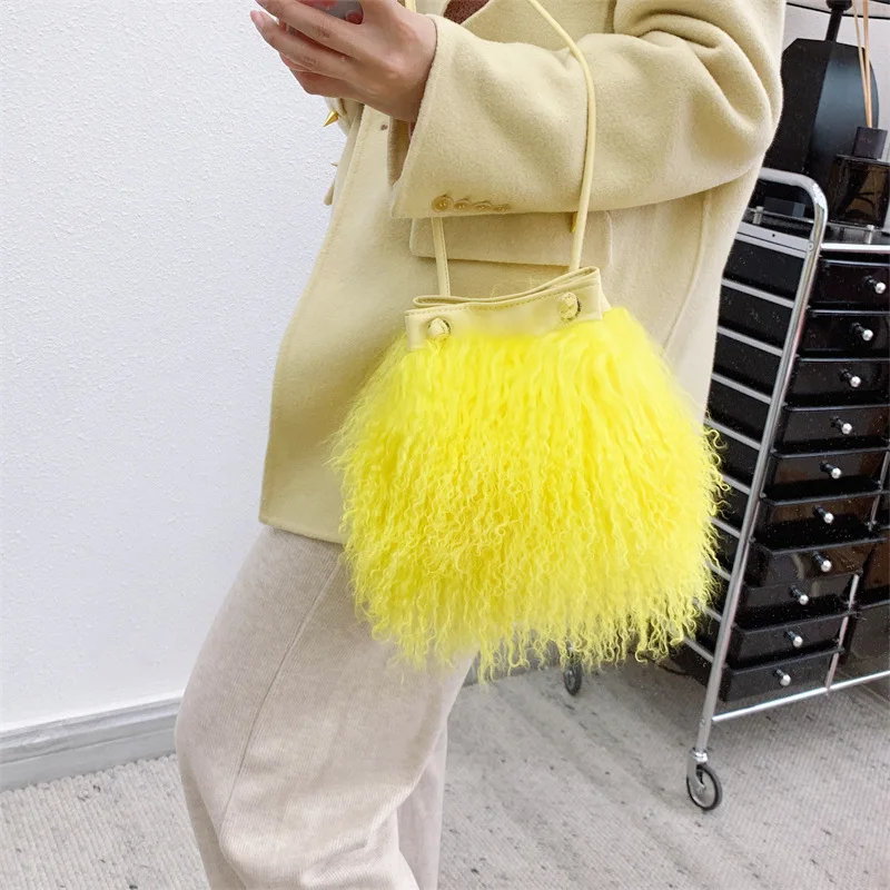 

2022 Winter Real Mongolia Lamb Fur Handbag Women Casual Tibet Long Hair Natural Fur Shoulder Bag Genuine Tote Bags Female