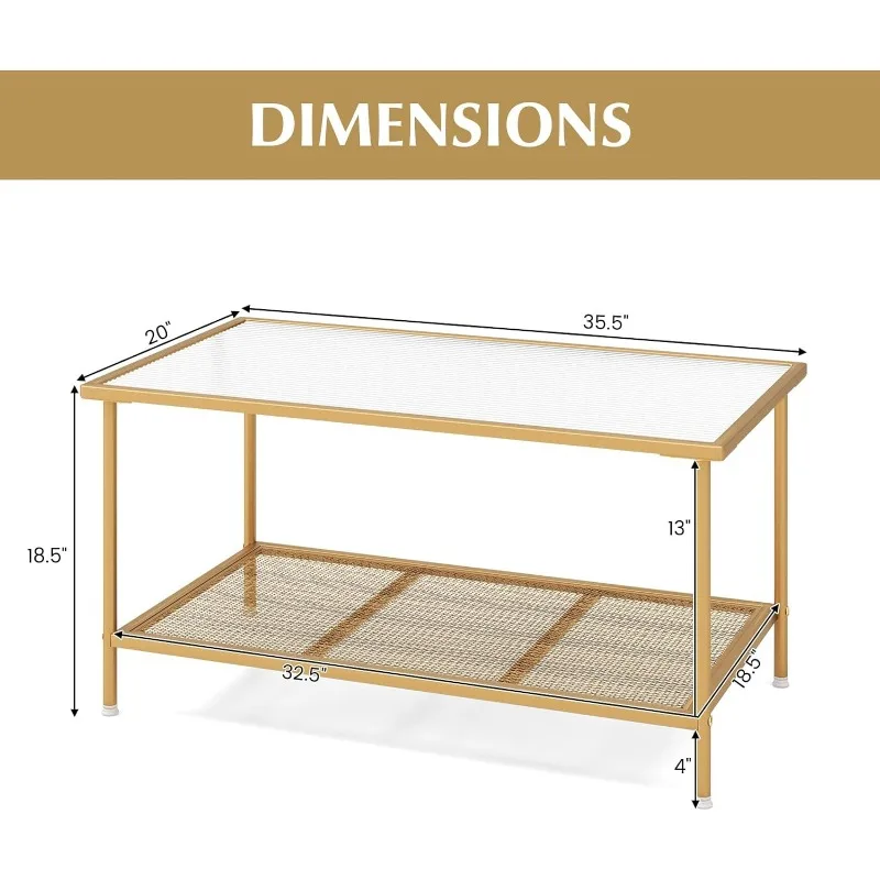 Glass Coffee Table, 2-Tier Rectangular Tempered Center Tables w/Metal Mesh Storage Shelf, Modern Accent Desk