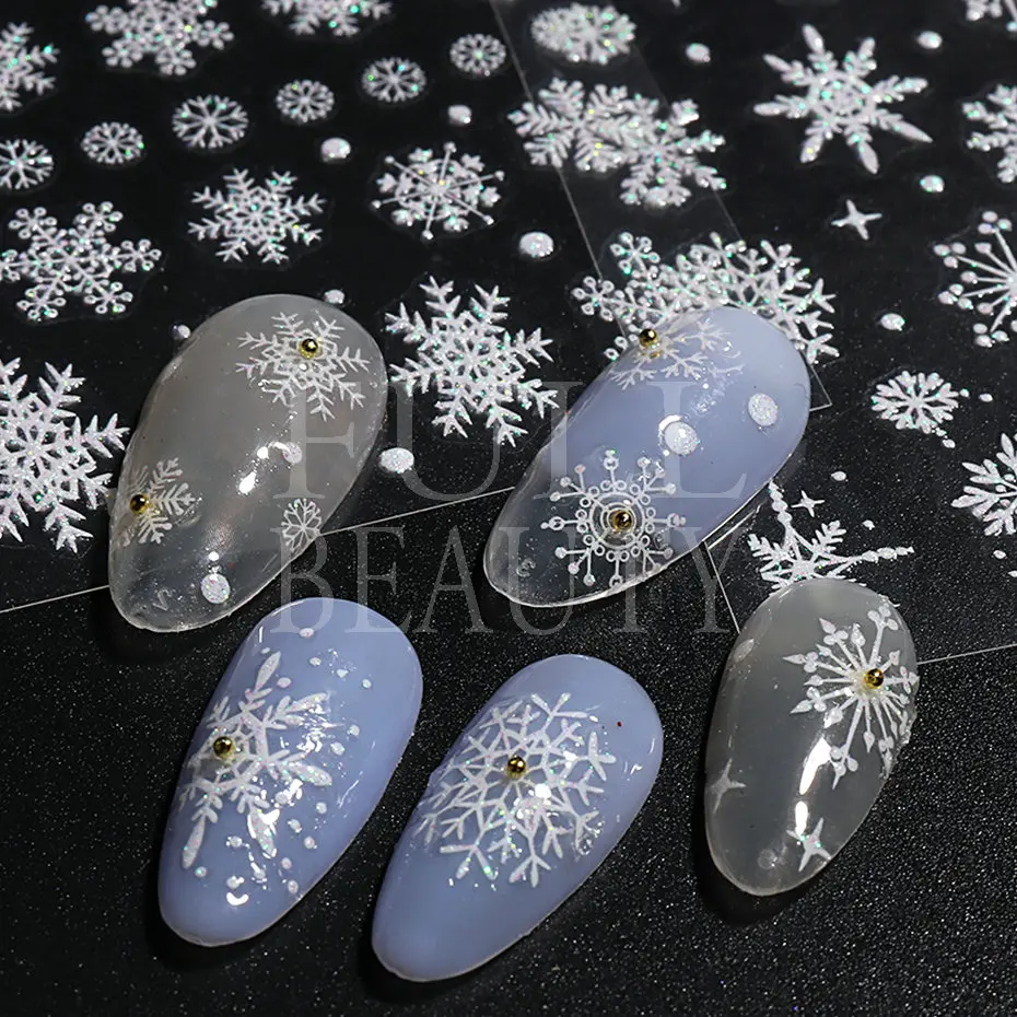 Shiny Glitter Snowflakes Nails Stickers Winter Snowy Flowers Shimmer 3D Manicure Sliders Christmas Festive Decals Nail Art F897