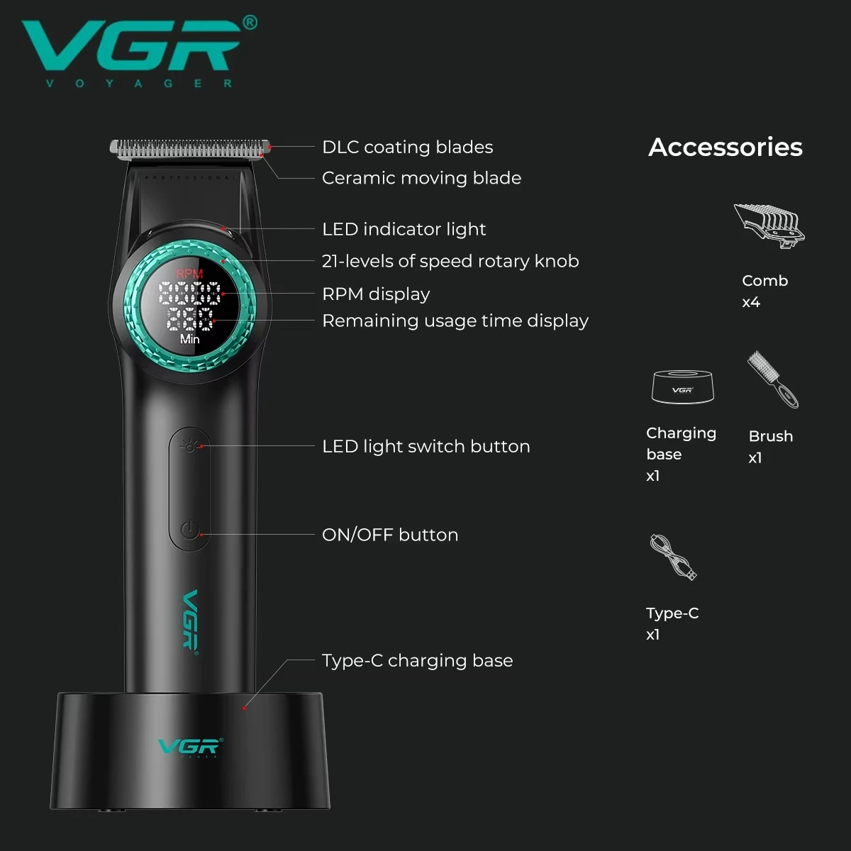 VGR Hair Trimmer Professional Hair Cutting Machine Electric Hair Clipper BLDC Motor Cordless Barber LED Trimmer for Men V-977