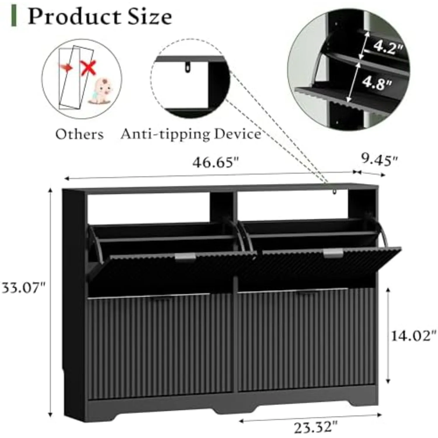 Shoe Storage Cabinet for Entryway with 4 Flip Drawers, Hidden Slim Wood Shoe Organizer with Modern Fluted Panel