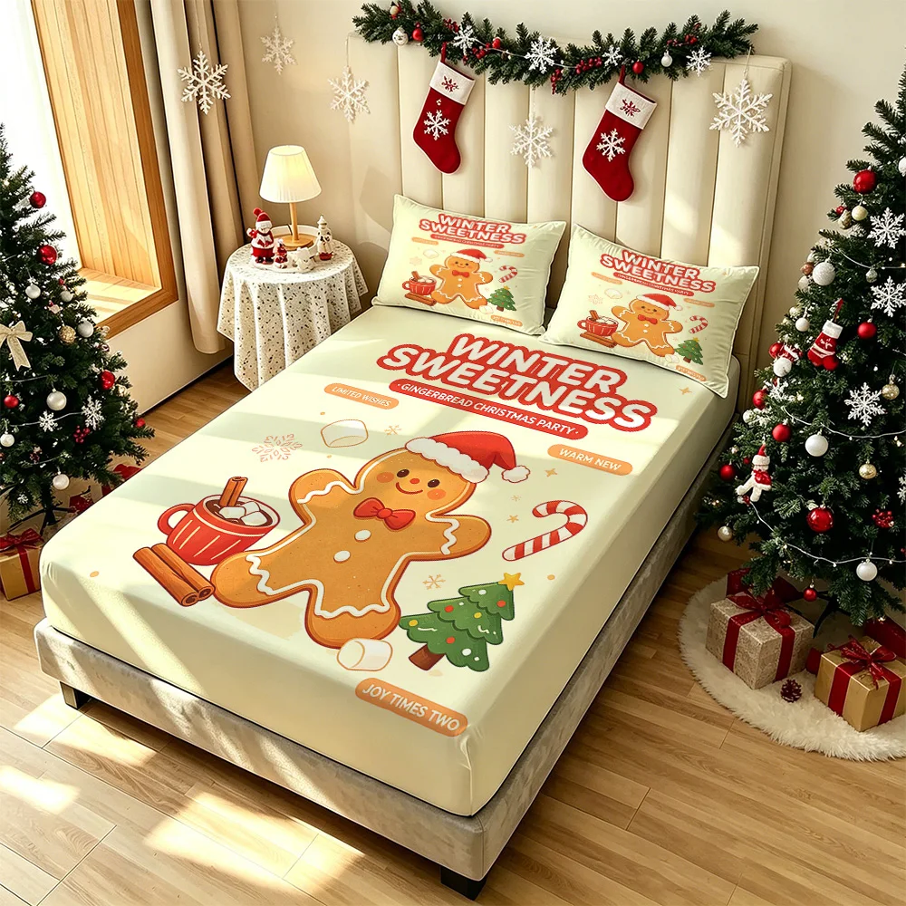 3PCS Christmas Gingerbread Man Winter Party Bedding Set, a coreless bedding set, suitable for soft bedroom decoration and bed