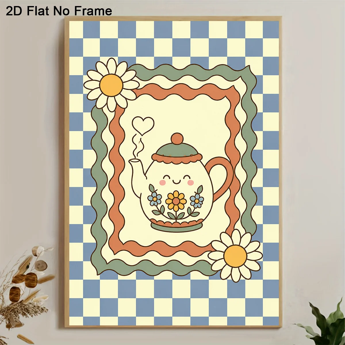 2D Flat, 1pc Frameless Canvas Poster - Smiling Teapot & Daisy Flowers on Blue Checkered Background, Retro Modern Wall Art Sui