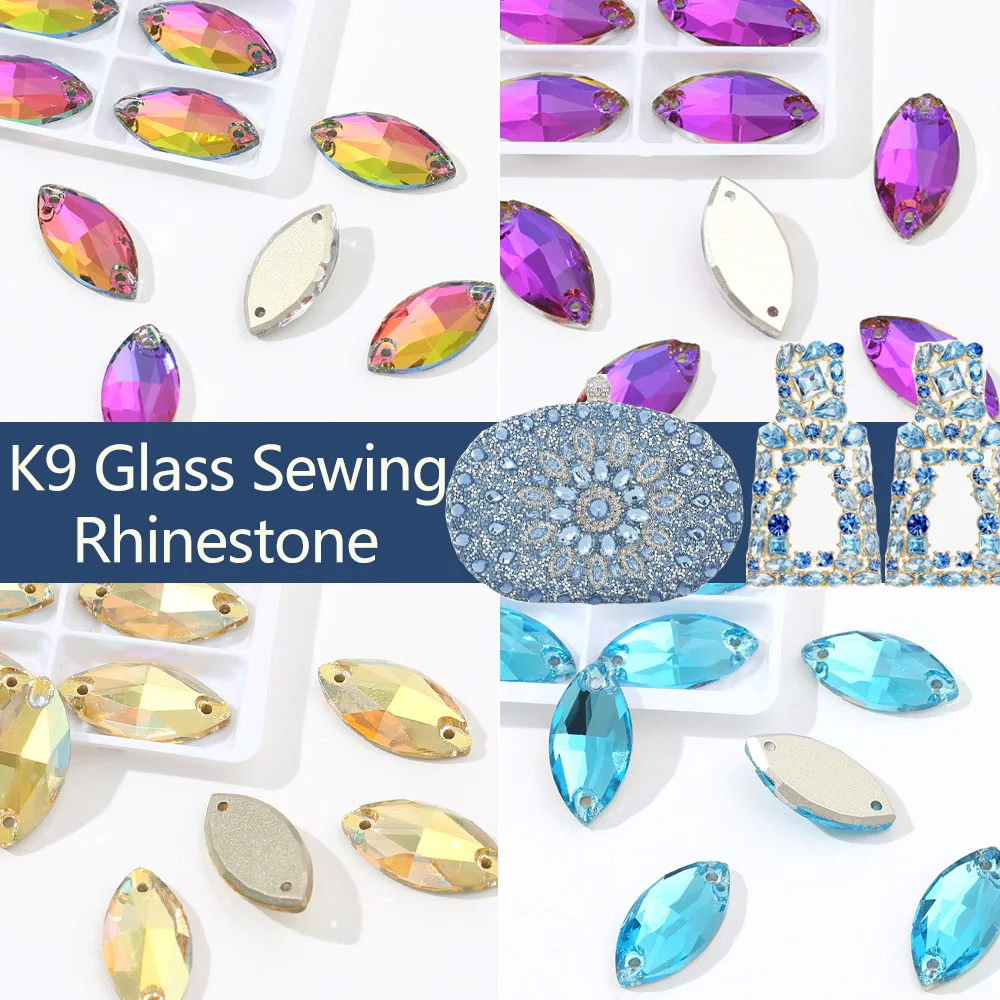 

OUCEY Sew On Rhinestone AB Sewing Stone with Holes Navette Shape Sew On Beads Crystals K9 Glass Flatback Sewing Rhinestone