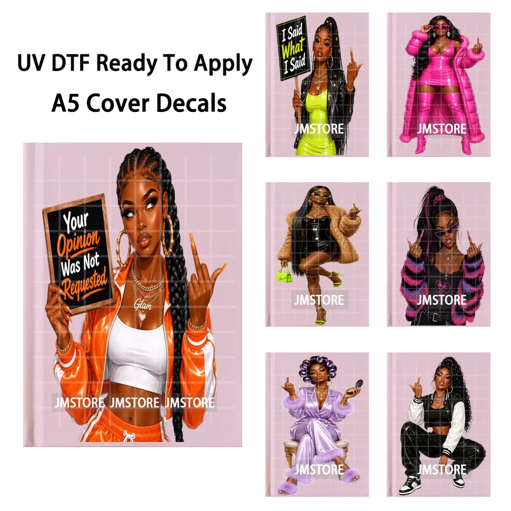 Luxe Style Attitude Black Girl UV DTF Notebook Decals Permanent Adhesive Transfer Stickers Ready To Apply For A5 Journal Cover