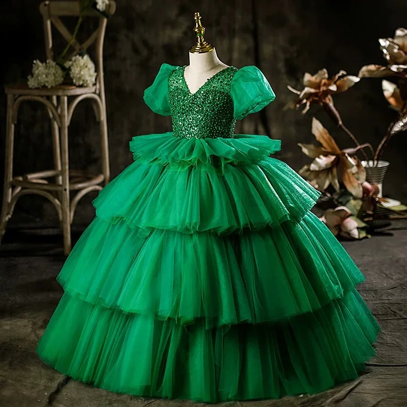 Customized Green Ball Gown Baby Flower Girl Dresses Sequins Princess Prom Birthday Party Gowns Formal