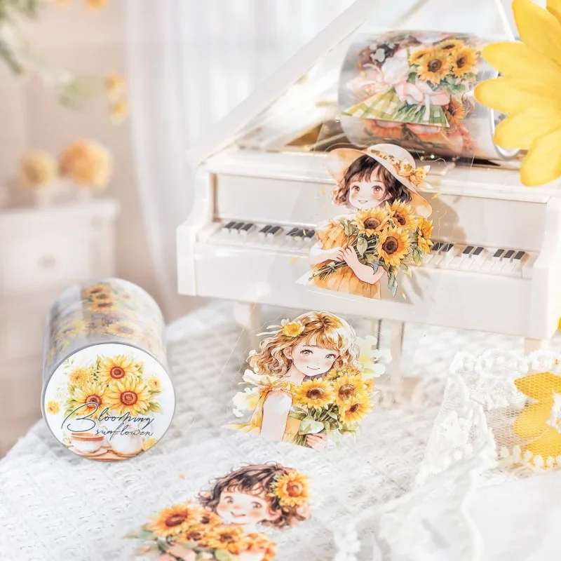 1 Rolle Sonnenblumen-Garten-Landschaftsband, Blumen-Kätzchen mit Blumen, kleinen Klebstoffen, Schneidzubehör, DIY-Sammelalbum, 50 mm x 2 m