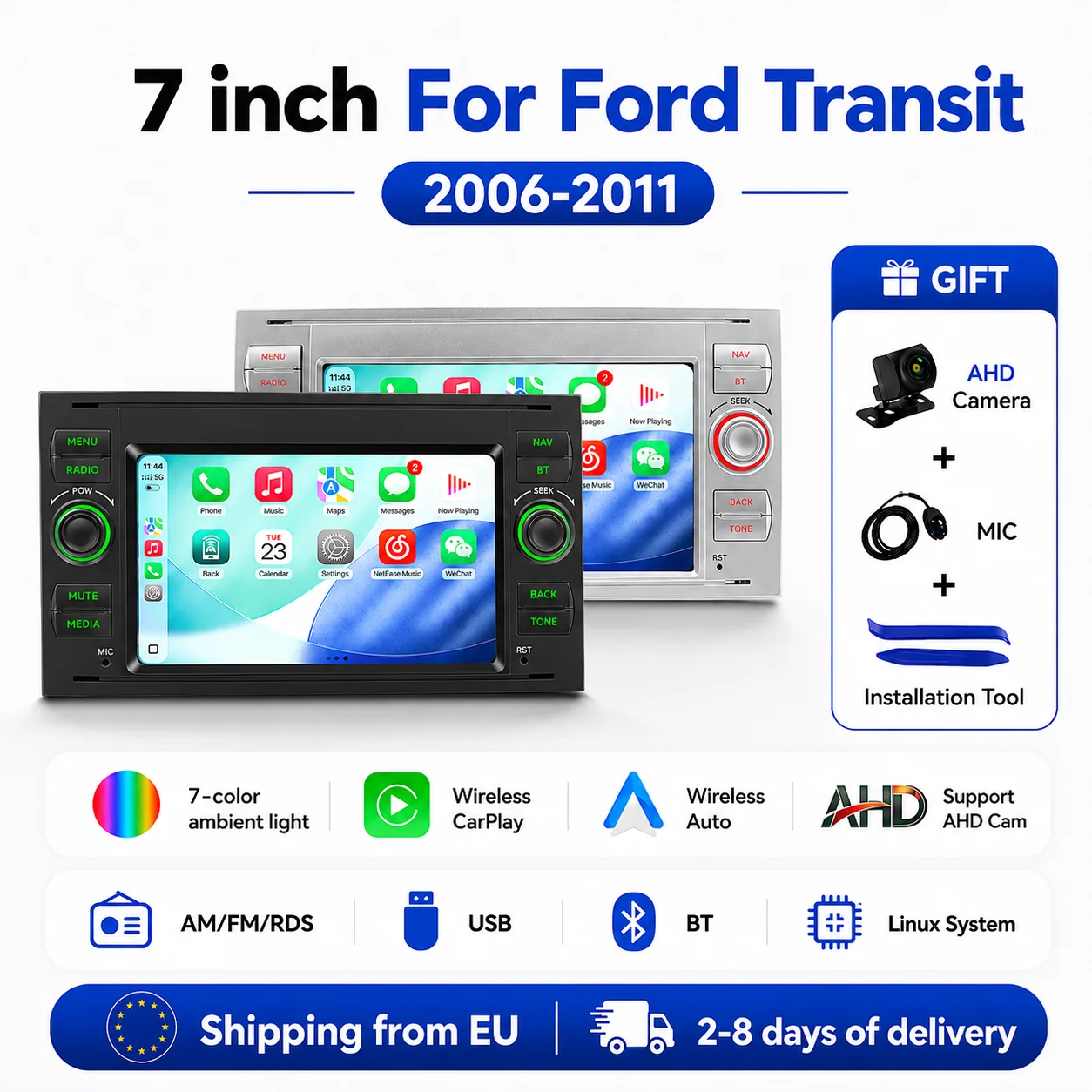 MEKEDE Stock UE 7'' Système Linux Carplay sans fil Android Auto MP5 pour Ford Focus 2 Mondeo S C Max Kuga Fiesta Fusion Support WIFI BT Caméra arrière AHD Plug And Play Autoradio Lecteur Multimédia