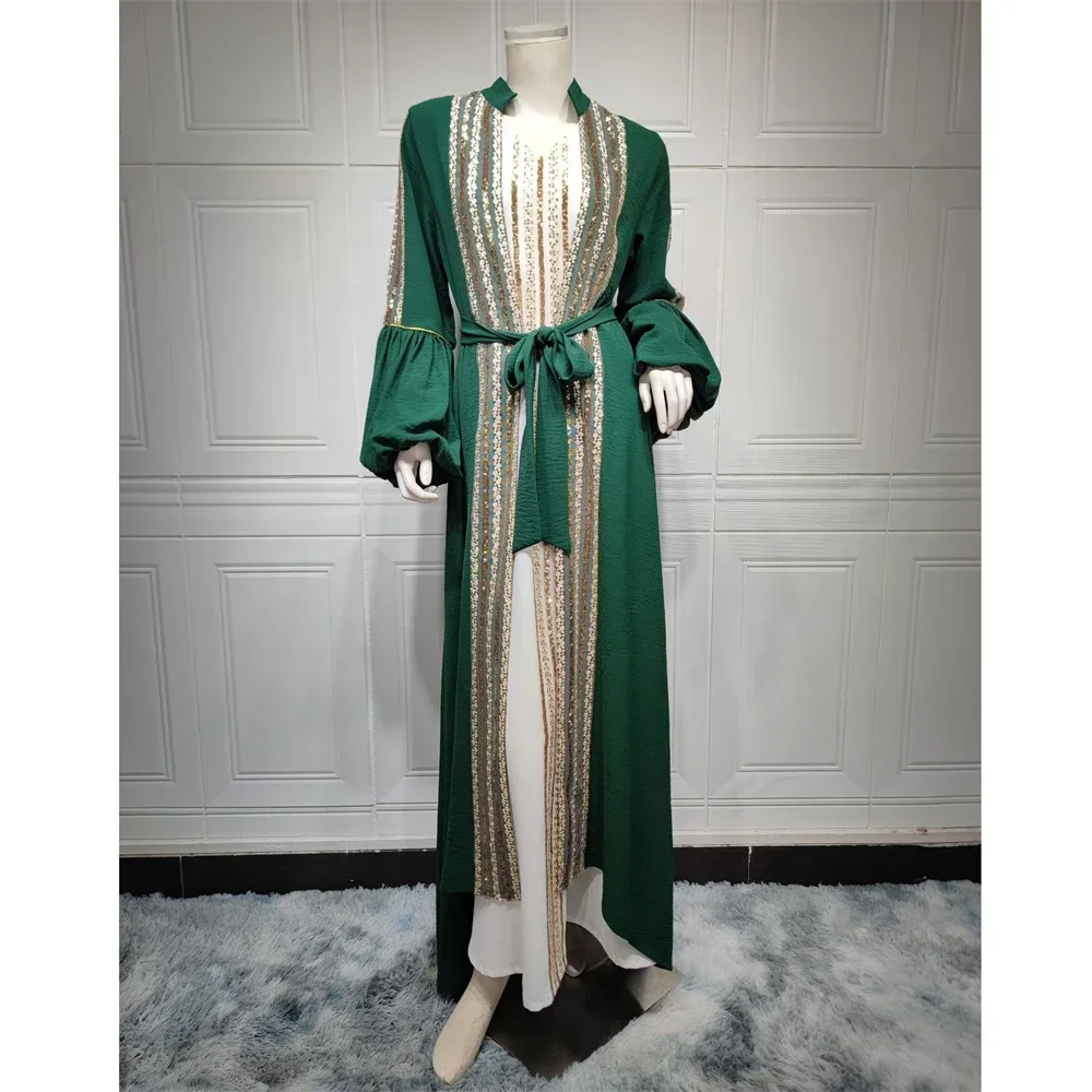 Marokko Eid Party Pailletten Jurk Elegante Vrouwen Open Kimono Abaya 2-delige Set Dubai Moslim Jurken Avond Lange Gewaad Vestido Outfit