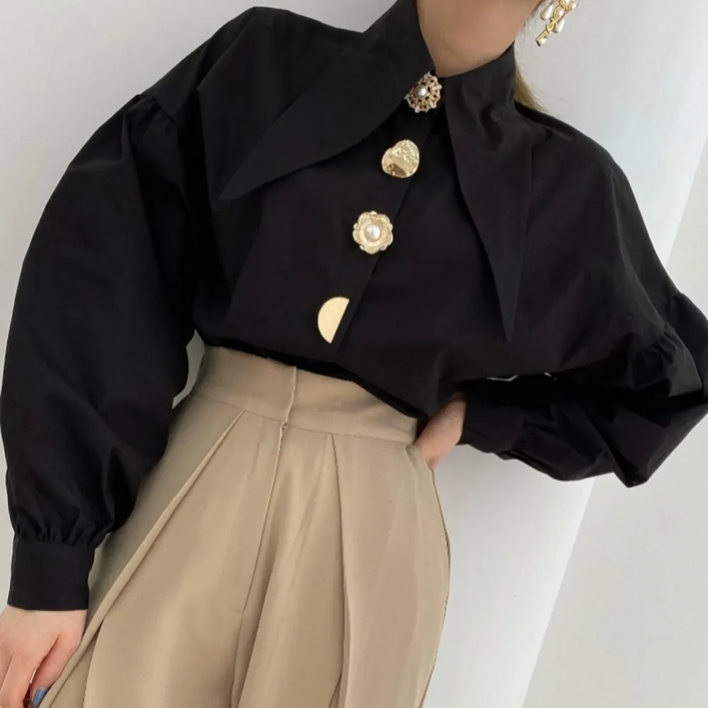 2024Spring Vintage Women\'s Shirts Elegant Sharp Corner Lapel Fashion Ladies Blouse Chic Buttons Long-sleeved Blouse Blusas Mujer