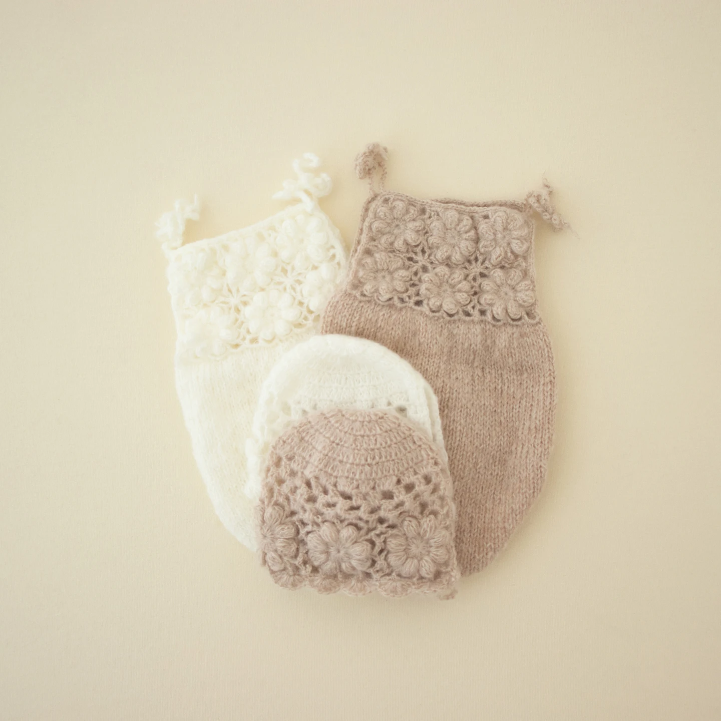 Newborn Photography Props Ins Style Handmade Knitted Floral Jumpsuit Outfit with Hat 2pcs Set for Studio Photoshoot Costume