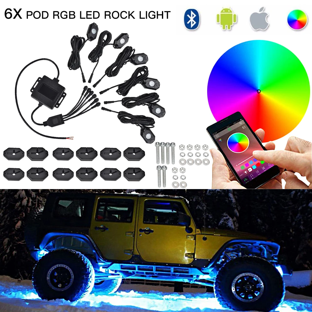 

6 Pods RGB LED Rock Lights Multicolor Neon Trail Rig ambient Light Underglow for UTV ATV Boat Polaris Can-Am Yamaha Honda Tundra