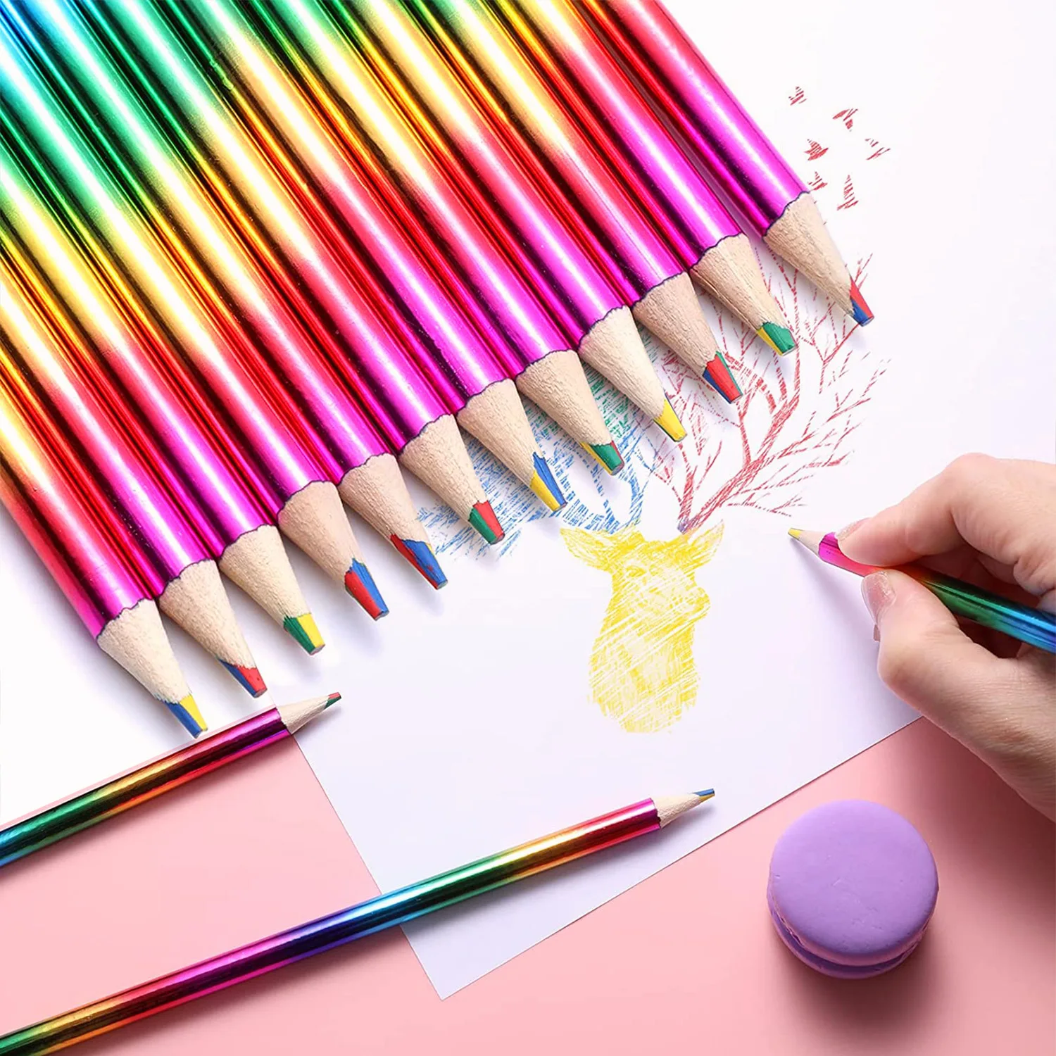 Crayons arc-en-ciel pour enfants, quatre couleurs, même noyau, crayon, document, ensemble, peinture, Kawaii, outil de graffiti, fournitures d'art, cadeaux, 50 pièces