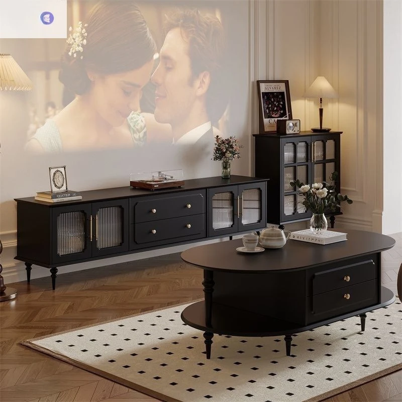

American retro TV cabinet coffee table combination household new French small apartment living room solid wood black TV cabinet