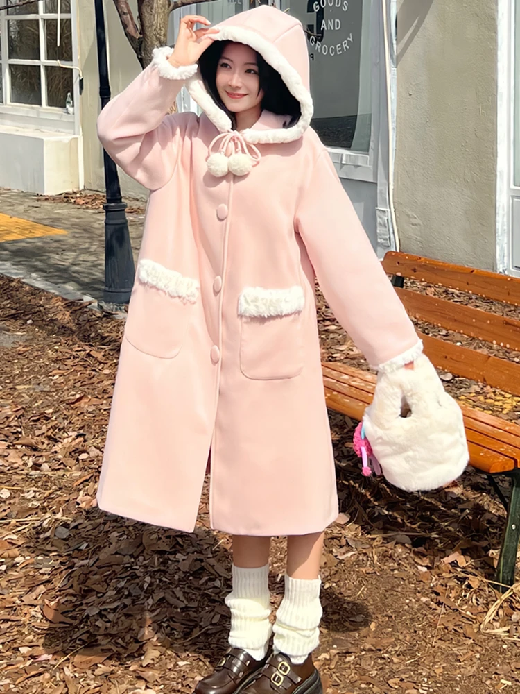 Inverno dolce Preppy donna con cappuccio Sweetheart cappotto di lana rosa Vintage monopetto moda addensato cappotto lungo manica intera