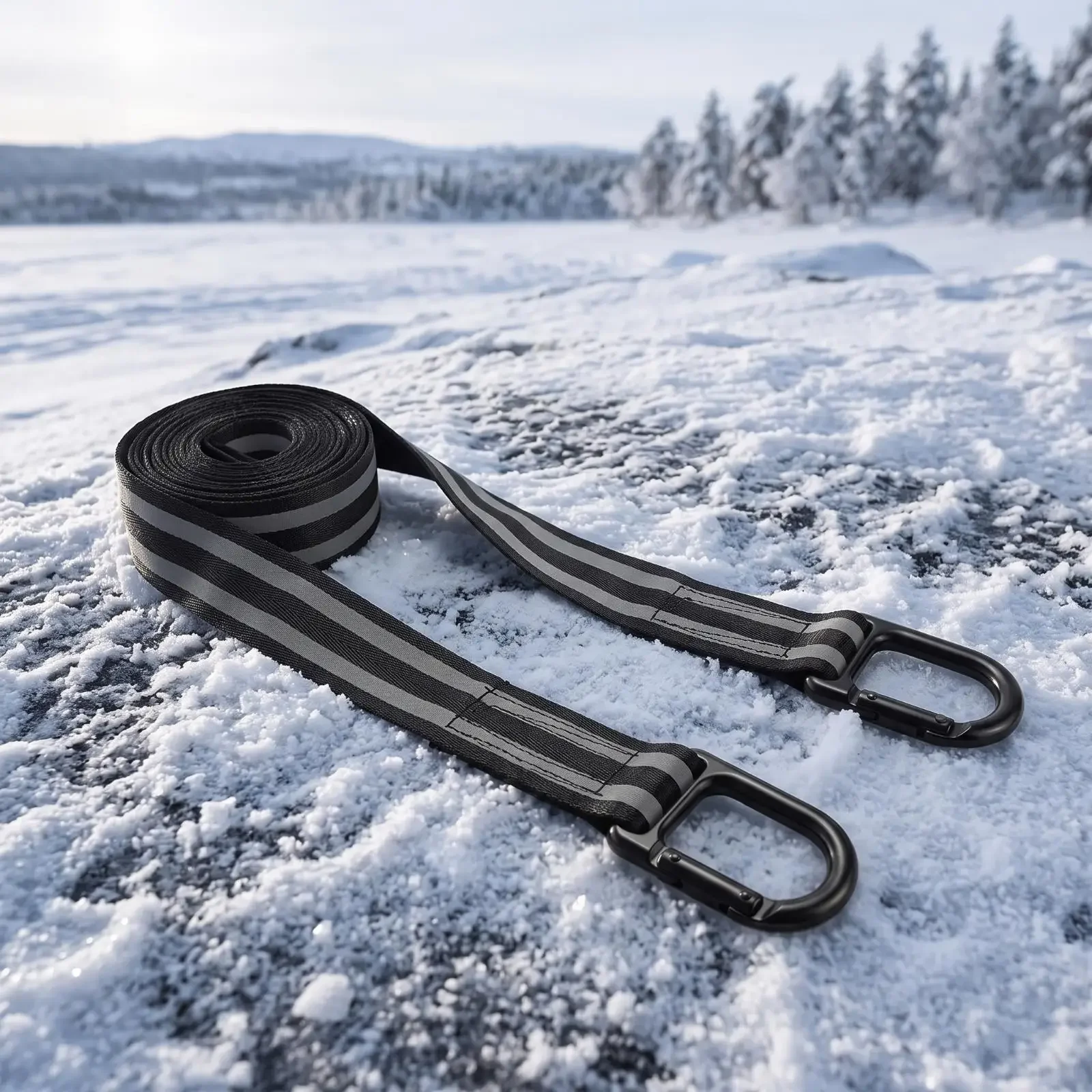 For Snow Vehicles Heavy Duty Nylon Reflective Tow Strap With Metal Hooks Winter Recovery Pull Strap1.5*145 inches