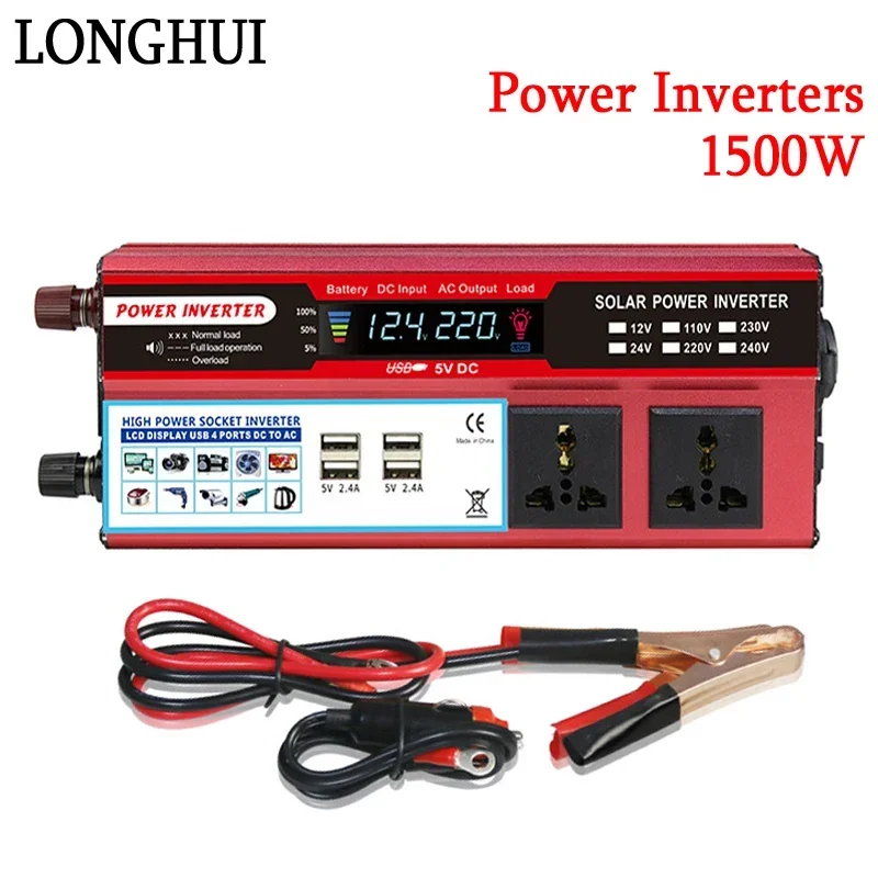 

1500W Pure Sine Wave Inverters DC 12V/24V To AC 110V/220V Transformer Double Socket Power Converters Solar Inverters LED Display