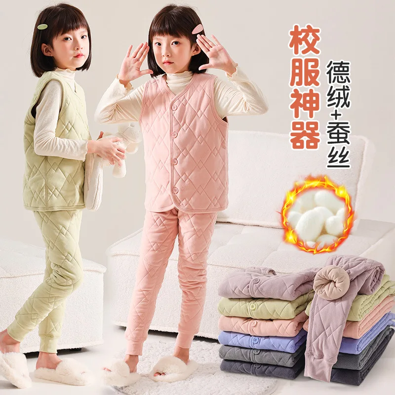 School uniform artifact, girls' warm underwear set, winter children's cotton padded clothes with inner lining, primary school st