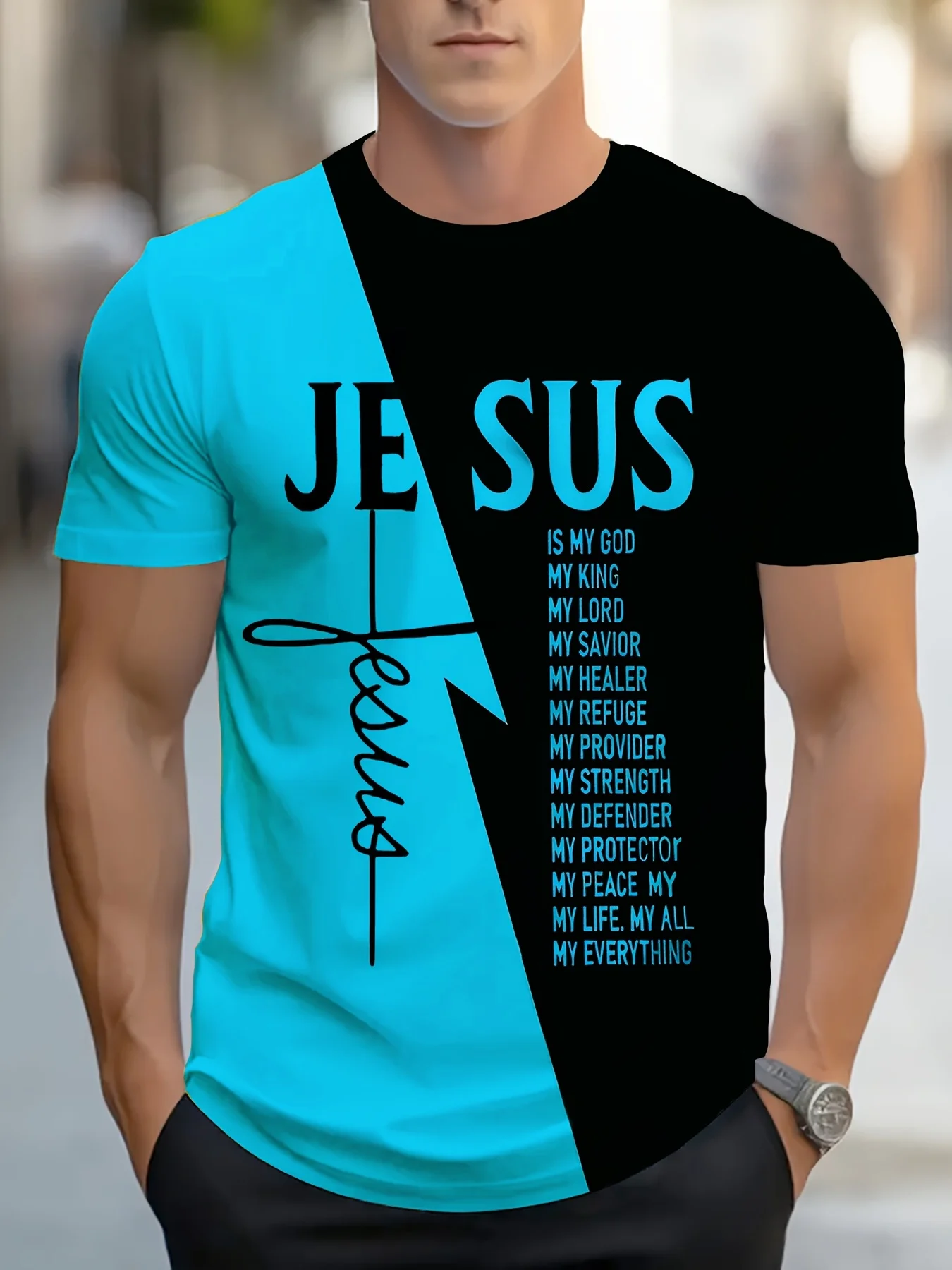 Herren-T-Shirt im christlichen Stil mit Rundhalsausschnitt und Textdesign, lässiges Sport-Top, bequem und einfach, kurzärmelig für alle Jahreszeiten – Detail 3