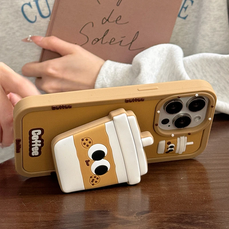 Funny 3D Coffee Cup Folding Holder Stand Case For iPhone 16 Pro Max 17 15 14 13 12 11 Soft Silicone Bracket Back Cover