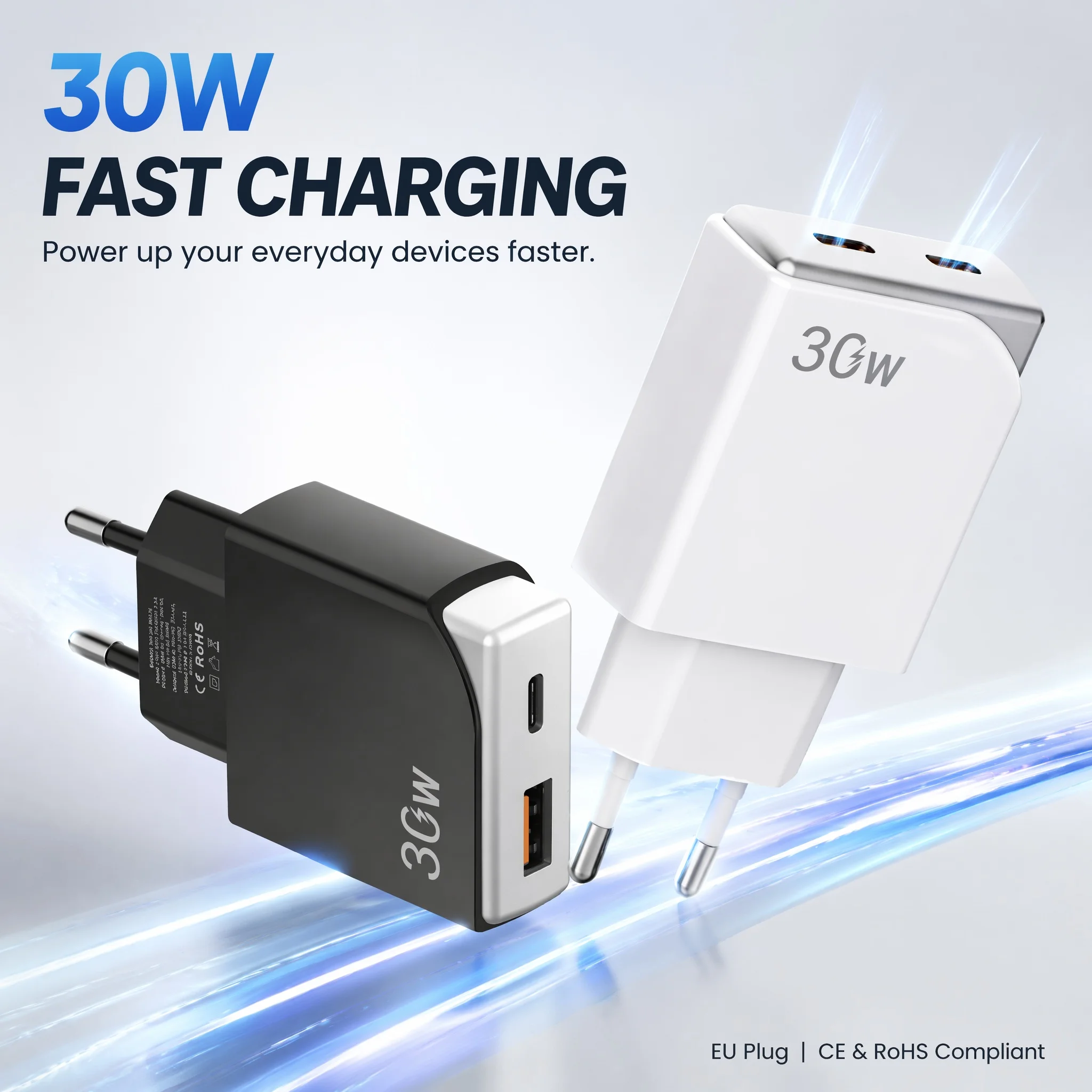 EU 30W GaN Ultra Thin Fast Charging USB C Phone Charger For iPhone 16/15 Pro Max PD QC3.0 Travel Adapter For Samsung S24
