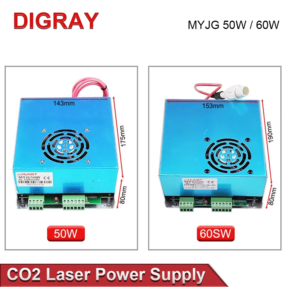 

DIGRAY MYJG-50W 60W CO2 Laser Power Supply 110V/220V Optional, Suitable For 40~70w Cutting And Engraving Machine Glass Tube