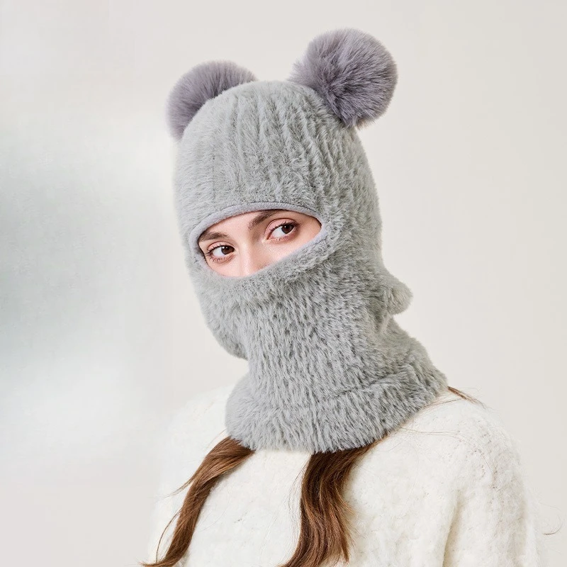 Cute Bear Hairball Plush Scarf Integrated Hat for Women's Winter All-inclusive Face Protection, Windproof and Warm Pullover Hat