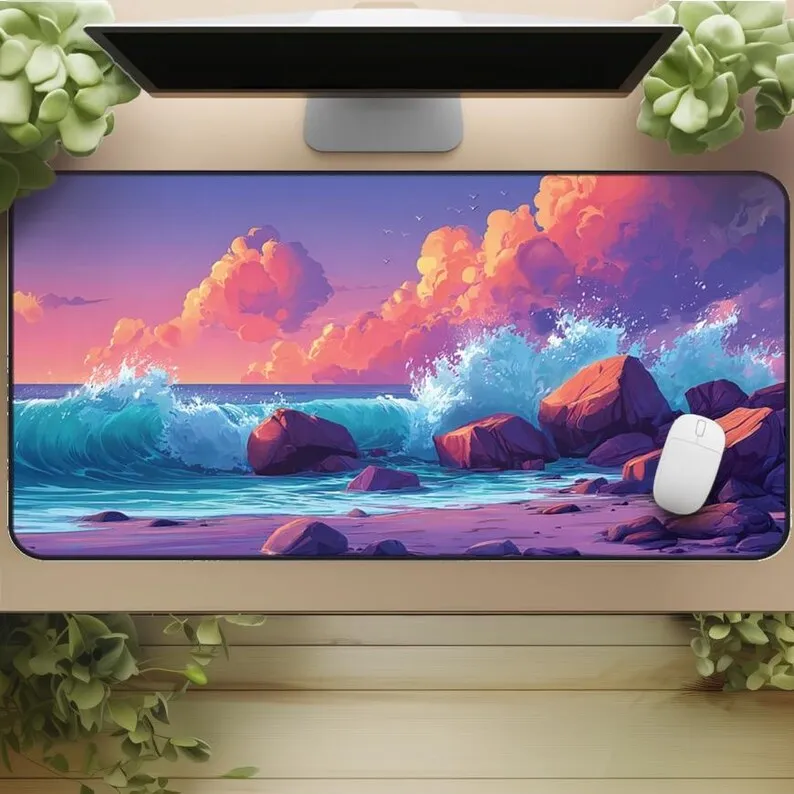 Ocean Sunset Deskmat, Pink Rock Beach Coastal Gaming Mats, Coastal Bay Mousepad, Non-slip Waterproof Mouse Pad Kawaii Desk Pad
