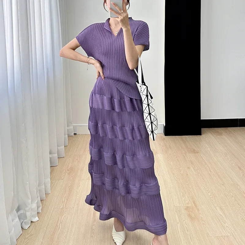 Miyake Pleated Advanced Set Cake Half Skirt+Short Sleeve Top Casual Western Pleated Two Piece Set for Women 2023 New