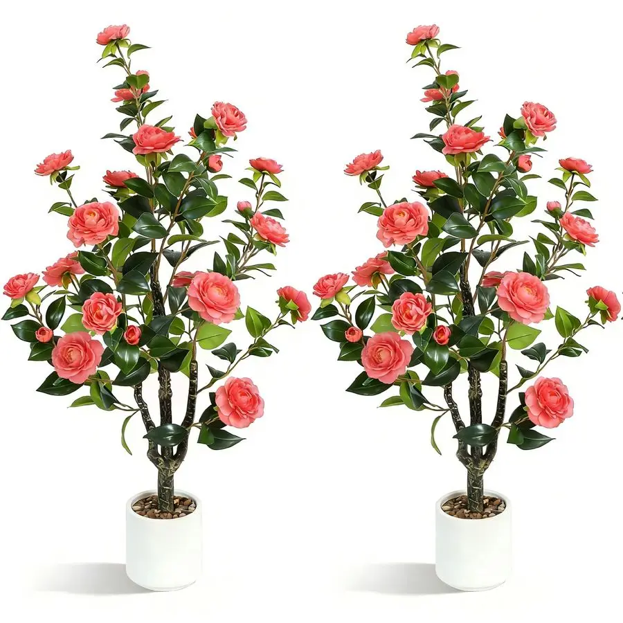 

Artificial Camellia Tree 2 Pack 40 Realistic Fake Potted Plant with 30 Pink Flowers, Lifelike Faux Camellia Trees for Home, Livi