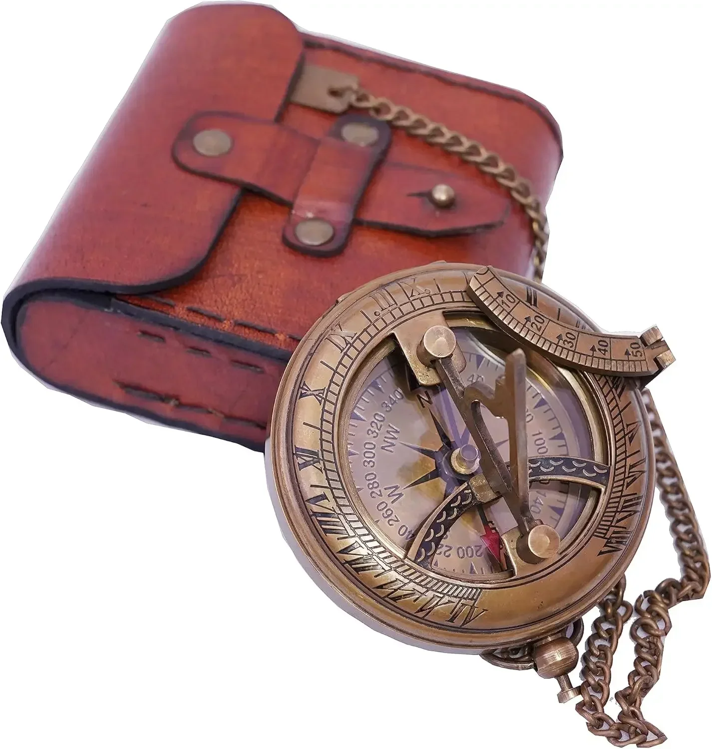 

Vintage Brass Sundial Compass with Leather Case - Antique Nautical Sun Clock, Engraved Collectible Gift for Men