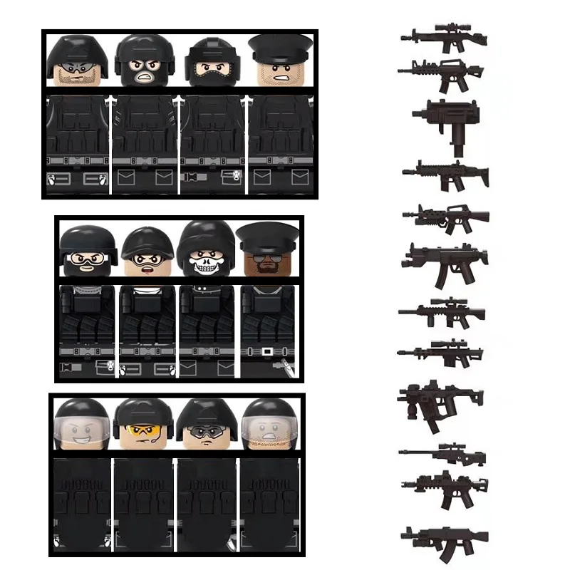 12pcs SWAT Special Force Soldier Army MOC Modern Military Building Blocks Action Figures Weapons Bricks Mini Toys for Children