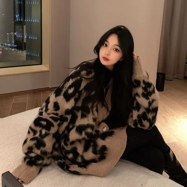 plus Size Leopard Print Knitted Jacket Women's Loose Fit Thickened Korean Style Vintage Medium Length Lazy Style Open Cardigan