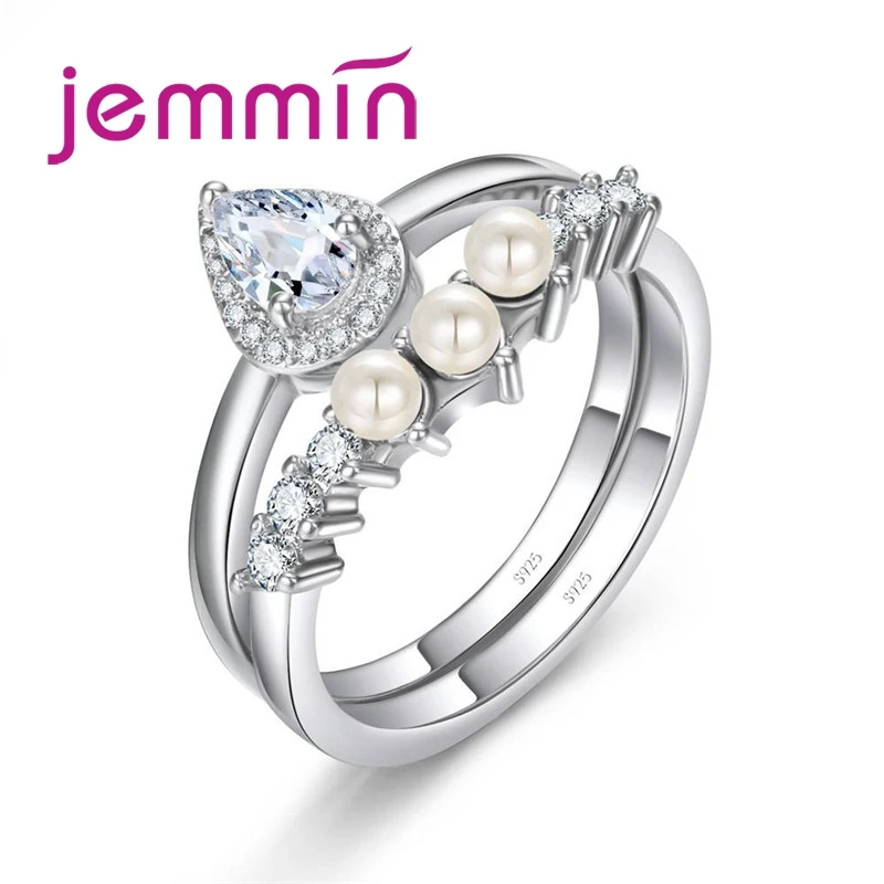 Beautiful Minimalist 925 Sterling Silver Ring Set Pave Pearls White Color Inlay  Cubic Zirconia Unique Shaped Ring