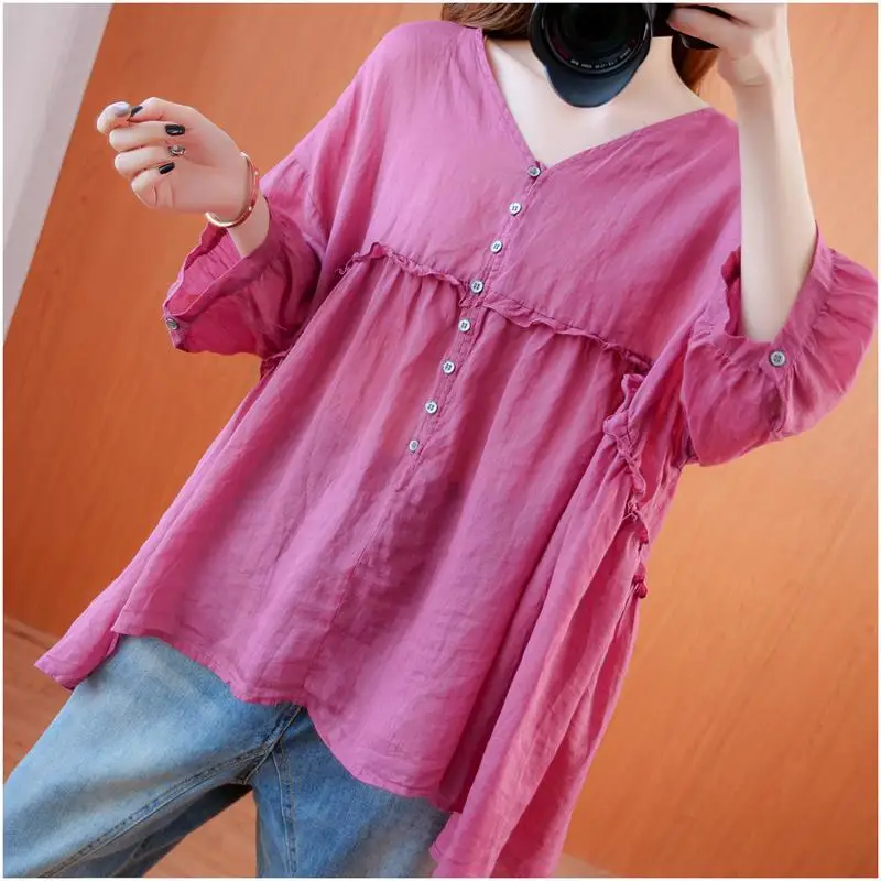 Women Summer Trendy Ruffle Oversized Asymmetrical Blouses Solid V Neck 3/4 Sleeve Cotton Linen Shirts Y2K Streetwear Tops Ropa