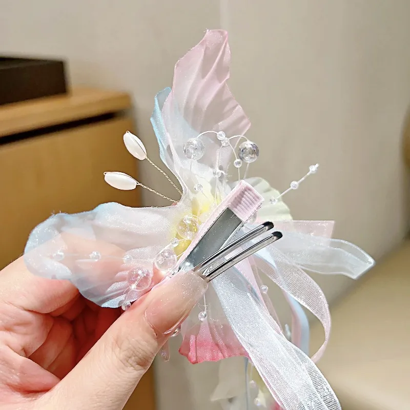 1 زوج طفل الفتيات Hanfu أغطية الرأس فراشة الشريط شرابة دبوس الشعر للأطفال النمط الصيني مشبك شعر إكسسوارات شعر الأميرة