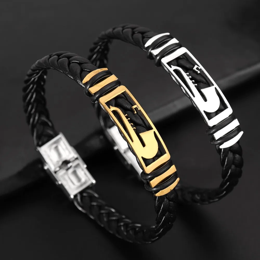 New Vintage Metal Instrument Saxophone Woven Leather Rope Bracelet Fashion Men\'s Premium Leather Bracelet Gift Wholesale