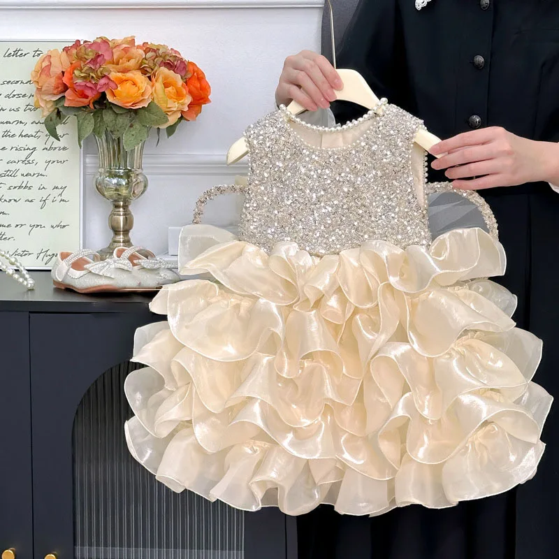 

Children's Dresses Luxury Parties With Wings Gala Gown Kids Girls Clothes Evening Satin Flower Sequins Beading Princess Dress