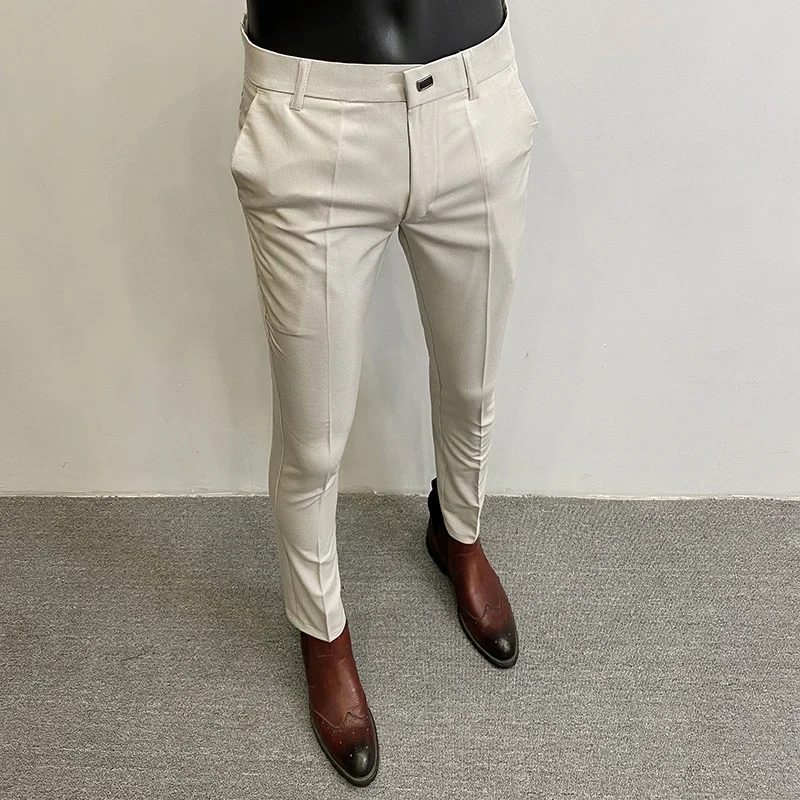 2024 Spring New Men's Social Pants Fashion High Quality Slim Fit Button Suit Pants Business Dress Solid Color Suit Pants