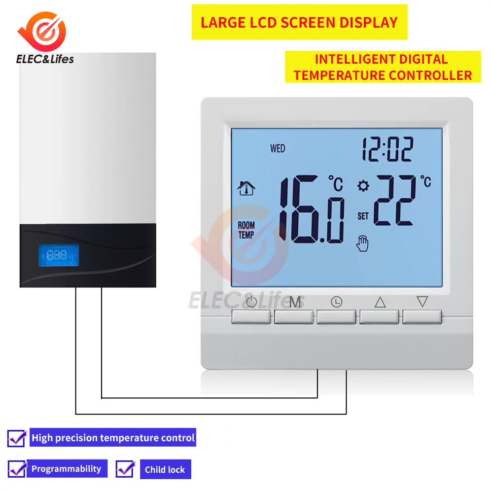 Programmable Wall Mount Gas Boiler Heating Temperature Regulator Hand Controller Thermostat With Kid Lock For Homes Office