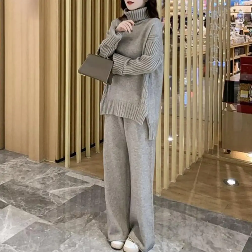 Long Sleeves Side Split High-low Hem Ribbed Sweater Pants Set Lady Autumn Winter Turtleneck Sweater Straight Wide Leg Pants Set