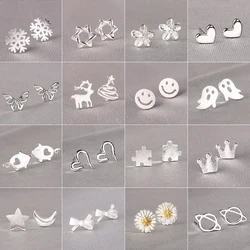 925 Silver Needles Lovely Mini Stud Earrings Women Cute Heart Star Moon Daisy Christmas Xmas Planet Butterfly Ear Studs