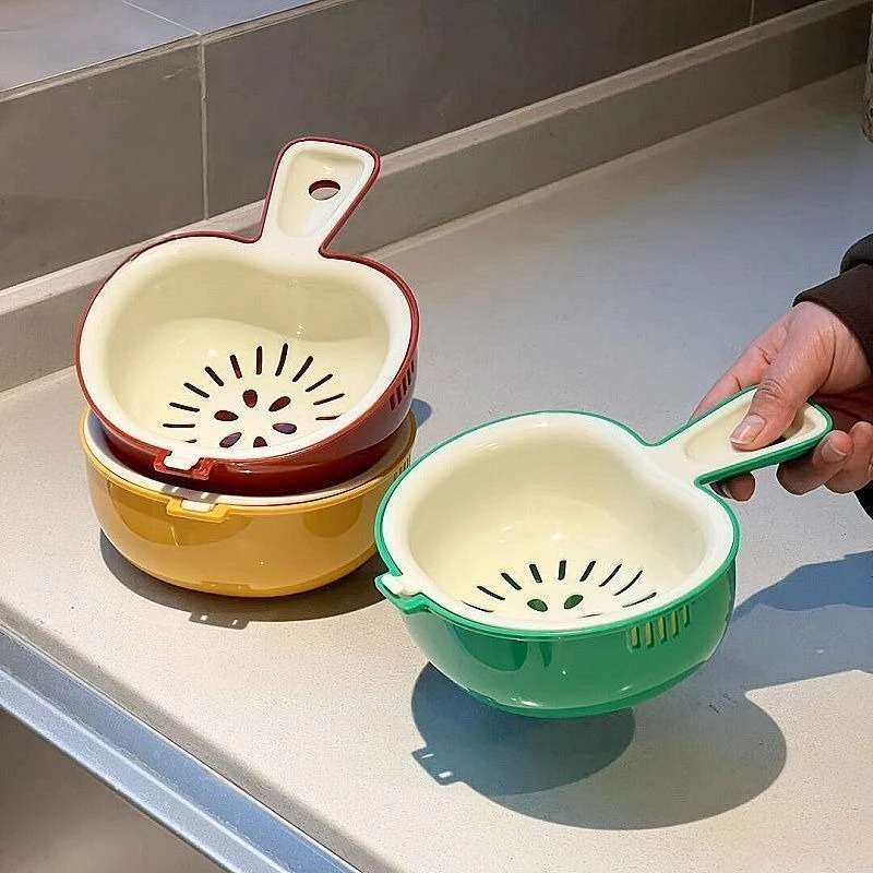 Compact and exquisite fruit dish draining basket apple handle double-layer kitchen utensil for washing vegetables and fruits