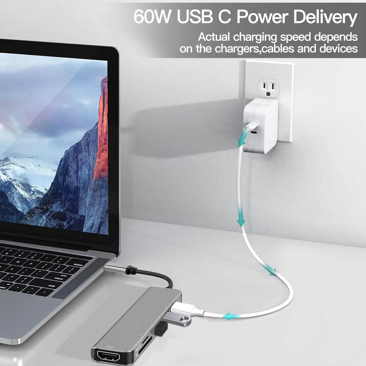 Compatível com HDMI USB-C Adaptador Hub, Docking Station, 100W PD Carregamento, Leitor SD, Witch Splitter para Apple Huawei, USB 3.0, 6 em 1