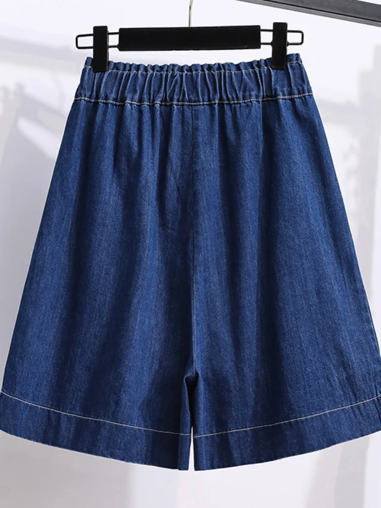 2023 Summer New Plus Size Denim Shorts Casual High Waist A-Line Loose Wide Leg Pants Simple Female Jeans Oversized Women Clothes