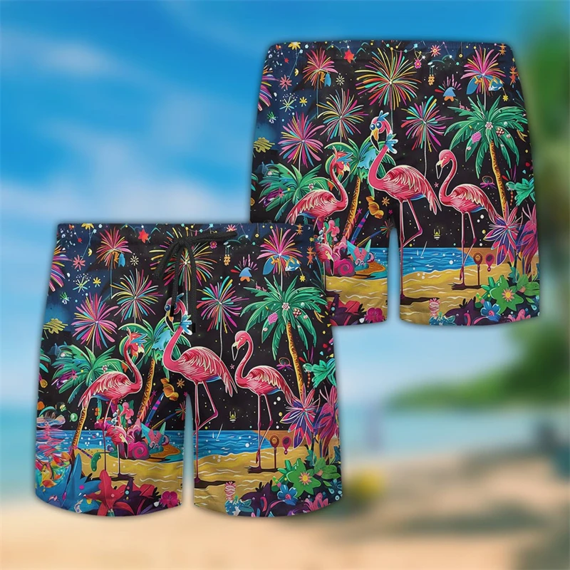 Pink Flamingo 3D Print Short Pants For Men Funny Animal Bird Beach Shorts Hawaiian Surfing Bermudas Women Vacation Aloha Trunks