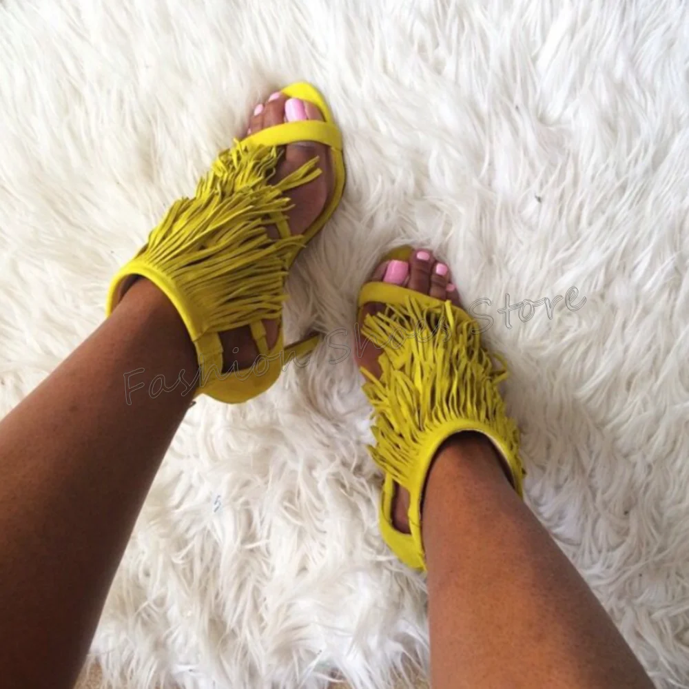 

Yellow Back Zipper Tassels Decor Sandals Hollow Out Women Shoes Thin High Heels Party Banquet Dating 2025 Zapatos Para Mujere