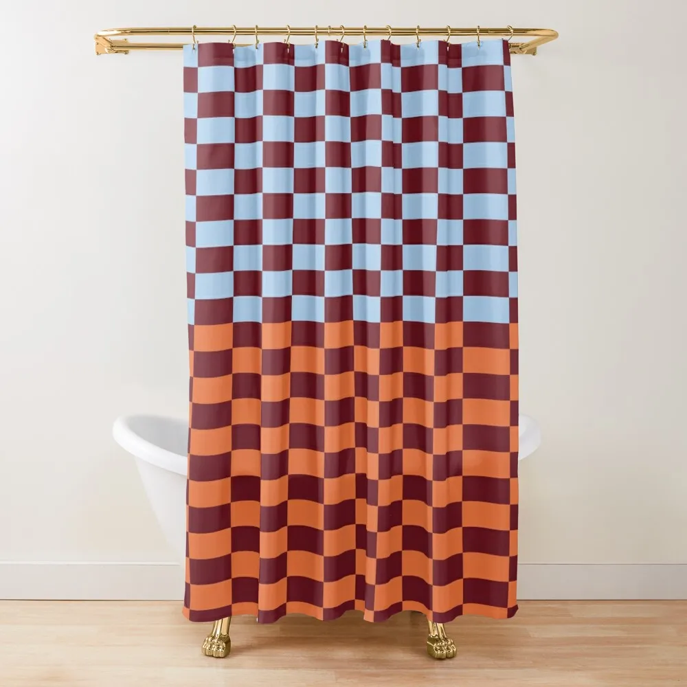 

Orange, burgundy and light blue color block checker Shower Curtain Waterproof Fabric Bathroom Curtain