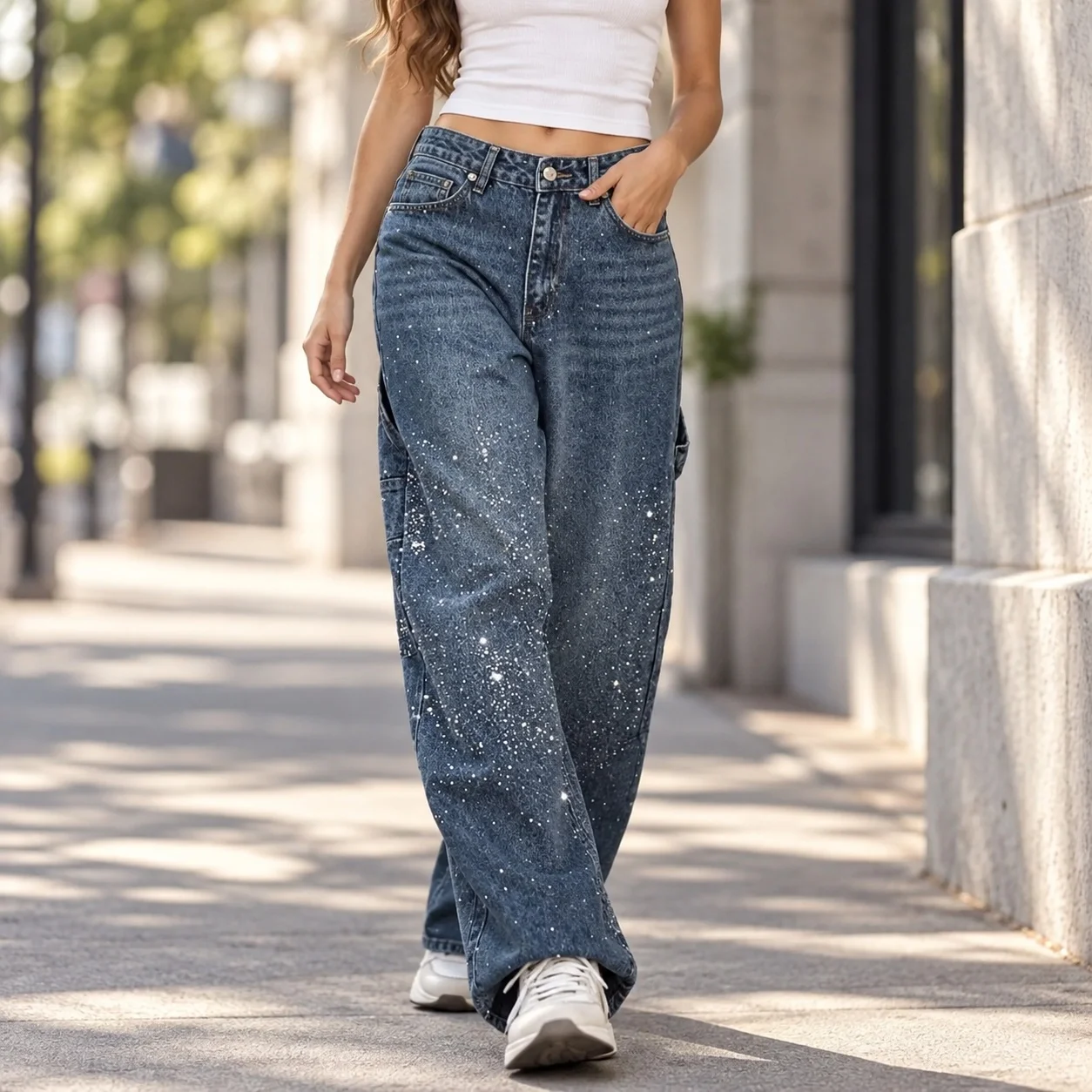 Casual High Waist Jeans Straight Leg Elegant Commuter with Lightweight Rhinestone Embellishment Full Length Spring Women Jeans