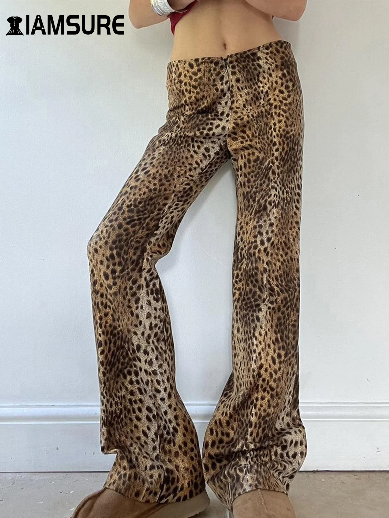 IAMSURE Casual Leopard Printed Wide Leg Pants Loose Mid-Waisted Straight Pants Women 2024 Autumn Spring Fashion Streetwear Lady